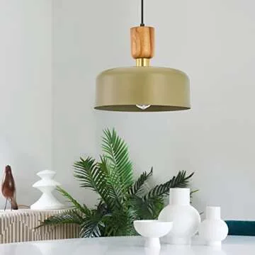 Contemporary Pendant Lighting,Large Pendant Lamp,Wood and Brass Accent,Adjustable Metal Hanging Ligh...