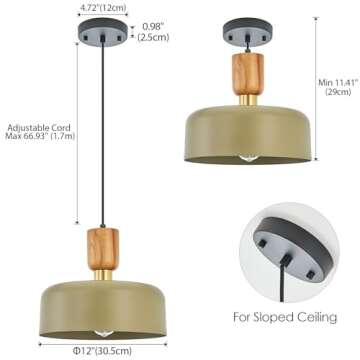 Contemporary Pendant Lighting,Large Pendant Lamp,Wood and Brass Accent,Adjustable Metal Hanging Light Fixture for Kitchen, Dining Room, Green