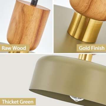 Contemporary Pendant Lighting,Large Pendant Lamp,Wood and Brass Accent,Adjustable Metal Hanging Light Fixture for Kitchen, Dining Room, Green