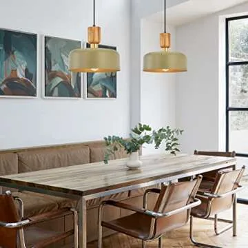 Contemporary Pendant Lighting,Large Pendant Lamp,Wood and Brass Accent,Adjustable Metal Hanging Light Fixture for Kitchen, Dining Room, Green