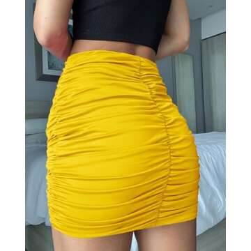 COOUFE Women's Sexy Mini Skirts Ruched Bodycon Double Layer Club Skirt Trendy Short Skirts Adjustable Length Yellow M