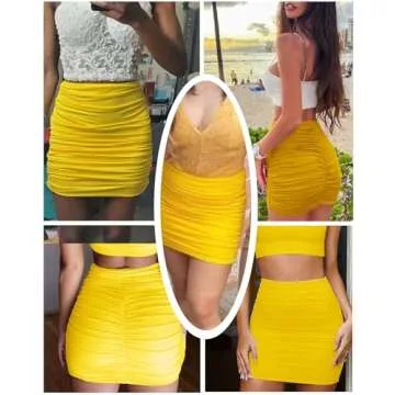 COOUFE Women's Sexy Mini Skirts Ruched Bodycon Double Layer Club Skirt Trendy Short Skirts Adjustable Length Yellow M