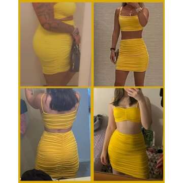 COOUFE Women's Sexy Mini Skirts Ruched Bodycon Double Layer Club Skirt Trendy Short Skirts Adjustable Length Yellow M