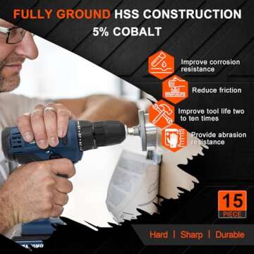 COMOWARE Cobalt Drill Bit Set- 15Pcs M35 High Speed Steel Twist Jobber Length for Hardened Metal, St...