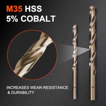COMOWARE Cobalt Drill Bit Set- 15Pcs M35 High Speed Steel Twist Jobber Length for Hardened Metal, Stainless Steel, Cast Iron and Wood Plastic with Indexed Storage Case, 1/16"-3/8"