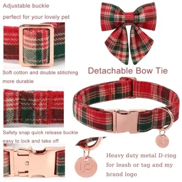 UP URARA PUP Christmas Plaid Dog Collar with Bow Tie – Adjustable Red & Green Checkered Dog Collar...