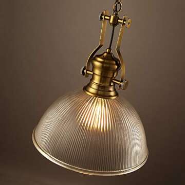 NIUYAO Vintage Dome Pendant Light with Ribbed Glass Single Head Suspended Light in Brass Hanging Lamp Decorative Fixture -12''