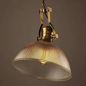 NIUYAO Vintage Dome Pendant Light with Ribbed Glass Single Head Suspended Light in Brass Hanging Lamp Decorative Fixture -12''