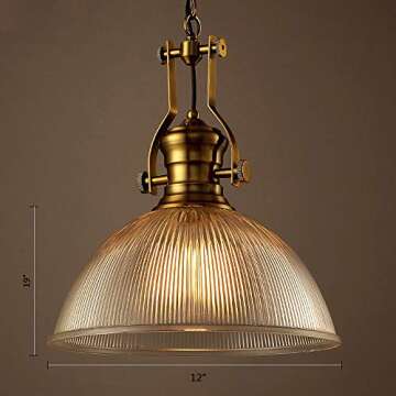 NIUYAO Vintage Dome Pendant Light with Ribbed Glass Single Head Suspended Light in Brass Hanging Lamp Decorative Fixture -12''