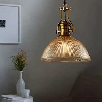 NIUYAO Vintage Dome Pendant Light with Ribbed Glass Single Head Suspended Light in Brass Hanging Lamp Decorative Fixture -12''