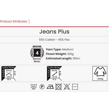 Yarn Art Jeans Plus Yarn, 55% Cotton 45% Polyacrylic, 100 g (3.5 oz), 160 m (174 yds), Yarn Weight: 4 : Worsted-Aran (11)