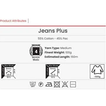 Yarn Art Jeans Plus Yarn, 55% Cotton 45% Polyacrylic, 100 g (3.5 oz), 160 m (174 yds), Yarn Weight: 4 : Worsted-Aran (11)