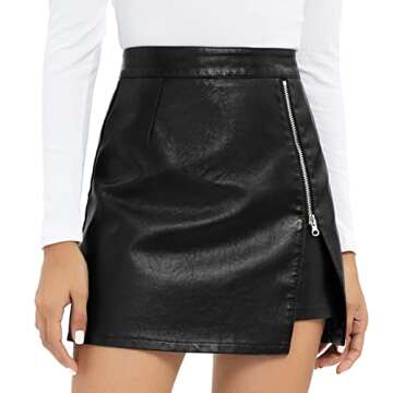Aiphamy Black Faux Leather Mini Skirt High Waisted Bodycon A Line Side Slit Short Skirt with Zipper for Women, M