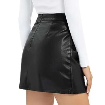 Aiphamy Black Faux Leather Mini Skirt High Waisted Bodycon A Line Side Slit Short Skirt with Zipper for Women, M