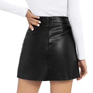 Aiphamy Black Faux Leather Mini Skirt High Waisted Bodycon A Line Side Slit Short Skirt with Zipper for Women, M