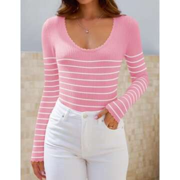 ZESICA Women's Long Sleeve Striped Tops Fall Scoop Neck Slim Fit Ribbed Knit Sweater Basic Casual Te...