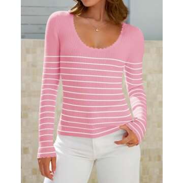 ZESICA Women's Long Sleeve Striped Tops Fall Scoop Neck Slim Fit Ribbed Knit Sweater Basic Casual Tee Shirts,Pink,Large