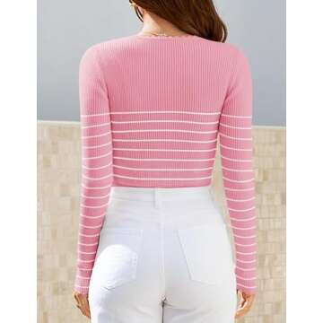 ZESICA Women's Long Sleeve Striped Tops Fall Scoop Neck Slim Fit Ribbed Knit Sweater Basic Casual Tee Shirts,Pink,Large