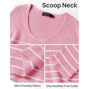ZESICA Women's Long Sleeve Striped Tops Fall Scoop Neck Slim Fit Ribbed Knit Sweater Basic Casual Tee Shirts,Pink,Large
