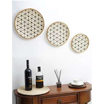 Decorative Wall Baskets Set of 3 Natural Handmade Shallow Bamboo Tray, Versatile Use for Home Decoration Breakfast, Drinks, Snack, Coffee Table, Decor Fruit Basket, Serving Wicker (Black/Natural)