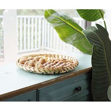 Decorative Wall Baskets Set of 3 Natural Handmade Shallow Bamboo Tray, Versatile Use for Home Decoration Breakfast, Drinks, Snack, Coffee Table, Decor Fruit Basket, Serving Wicker (Black/Natural)