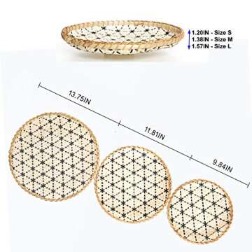 Decorative Wall Baskets Set of 3 Natural Handmade Shallow Bamboo Tray, Versatile Use for Home Decoration Breakfast, Drinks, Snack, Coffee Table, Decor Fruit Basket, Serving Wicker (Black/Natural)