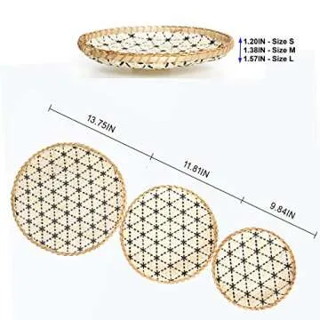 Decorative Wall Baskets Set of 3 Natural Handmade Shallow Bamboo Tray, Versatile Use for Home Decoration Breakfast, Drinks, Snack, Coffee Table, Decor Fruit Basket, Serving Wicker (Black/Natural)