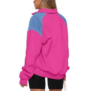WIHOLL Womens Oversized Half Zip Pullover Sweatshirts Fleece Jackets Quarter Zip Cropped Sweaters Hoodies Fall Clothes Outfits Tops Hot Pink L