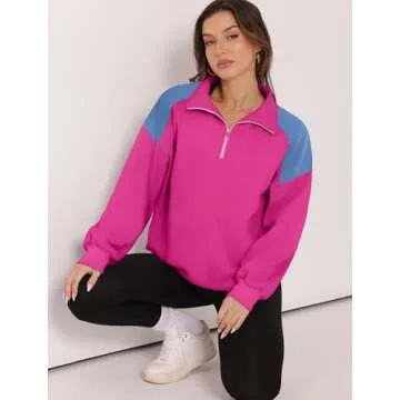 WIHOLL Womens Oversized Half Zip Pullover Sweatshirts Fleece Jackets Quarter Zip Cropped Sweaters Hoodies Fall Clothes Outfits Tops Hot Pink L