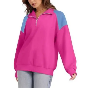WIHOLL Womens Oversized Half Zip Pullover Sweatshirts Fleece Jackets Quarter Zip Cropped Sweaters Hoodies Fall Clothes Outfits Tops Hot Pink L