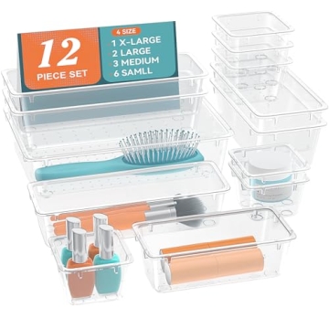 ElegantArray 12 PCS Drawer Organizer Set, 4 Sizes Makeup Vanity Organizer, Clear Plastic Organizatio...