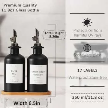 HOMCDALY Olive Oil Dispenser for Kitchen, Glass Oil Dispenser Bottle, Black Oil and Vinegar Dispenser Set, Oil Bottles, Cooking Oil Dispenser, Oil Container, Oil Cruet| Set of 2 (11.8oz – Black)