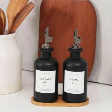 HOMCDALY Olive Oil Dispenser for Kitchen, Glass Oil Dispenser Bottle, Black Oil and Vinegar Dispenser Set, Oil Bottles, Cooking Oil Dispenser, Oil Container, Oil Cruet| Set of 2 (11.8oz – Black)