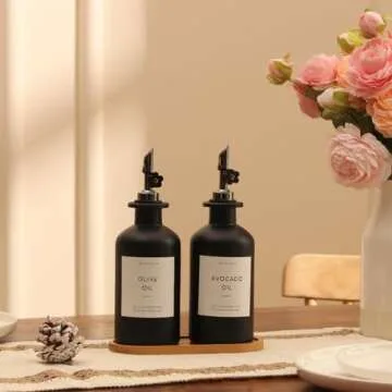 HOMCDALY Olive Oil Dispenser for Kitchen, Glass Oil Dispenser Bottle, Black Oil and Vinegar Dispenser Set, Oil Bottles, Cooking Oil Dispenser, Oil Container, Oil Cruet| Set of 2 (11.8oz – Black)