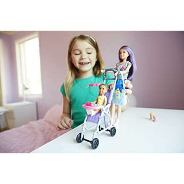 Barbie Skipper Babysitters Inc 2 Dolls & Accessories Set with Brunette Skipper Doll, Small Doll & Bouncy Stroller (Amazon Exclusive)