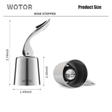 WOTOR Stainless Steel Wine Bottle Stoppers with Silicone - Reusable Wine Saver and Decorative Bottle Sealer, Leakproof, Keep Fresh, Silver, 2 Pack