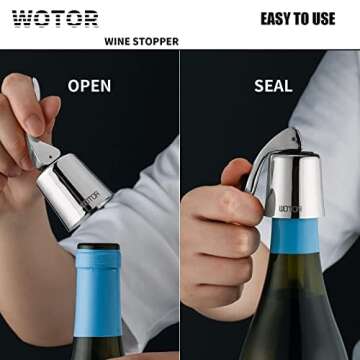 WOTOR Stainless Steel Wine Bottle Stoppers with Silicone - Reusable Wine Saver and Decorative Bottle Sealer, Leakproof, Keep Fresh, Silver, 2 Pack