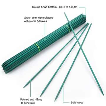 Qefuna 30Pcs 16 Inch Garden Stakes Green Bamboo Sticks Decorative Garden Wood Stakes for Plants, Wooden Plant Support Sticks, Small Stakes for Garden with Garden Ties and Nylon Plant Tie Strap