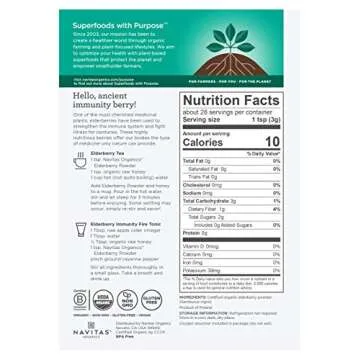 Navitas Organics Elderberry Powder, 3oz Bag, 28 Servings — Organic, Non-GMO, 100% Whole Elderberry Powder for Immune Support