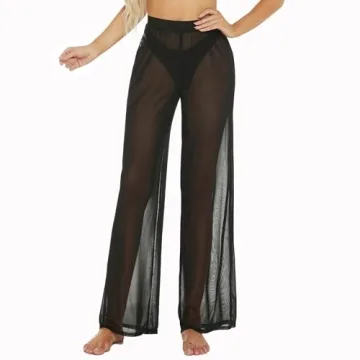 RUEWEY Women See Throug Mesh Flare Cover up Pants Swimsuit Bikini Bottom Cover up Elastic Waist Loose Wide Leg Long Palazzo Pants Trousers (M, Black)