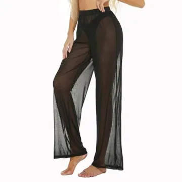 RUEWEY Women See Throug Mesh Flare Cover up Pants Swimsuit Bikini Bottom Cover up Elastic Waist Loose Wide Leg Long Palazzo Pants Trousers (M, Black)