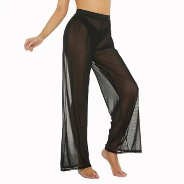 RUEWEY Women See Throug Mesh Flare Cover up Pants Swimsuit Bikini Bottom Cover up Elastic Waist Loose Wide Leg Long Palazzo Pants Trousers (M, Black)
