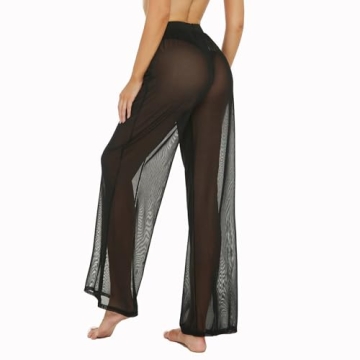 RUEWEY Women See Throug Mesh Flare Cover up Pants Swimsuit Bikini Bottom Cover up Elastic Waist Loose Wide Leg Long Palazzo Pants Trousers (M, Black)