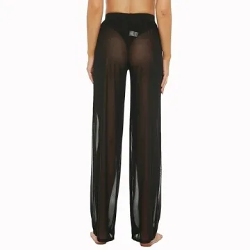RUEWEY Women See Throug Mesh Flare Cover up Pants Swimsuit Bikini Bottom Cover up Elastic Waist Loose Wide Leg Long Palazzo Pants Trousers (M, Black)