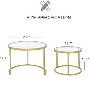 Gold Glass Nesting Coffee Table for Living Room, Small Round Modern Coffee Table Set of 2, Accent Te...