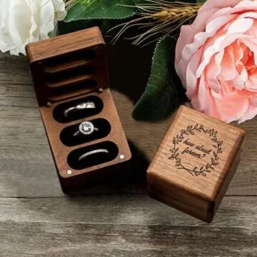 Wood Ring Box for 3 Rings Wedding Ceremony - Engraved Wooden Ring Bearer Box Wedding Accessories, Ri...