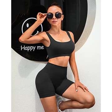 Sportneer Workout Sets Women 2 Piece, Ribbed Seamless High Waisted Shorts and Cute Sports Bra Matching Gym Yoga Set Activewear Black S