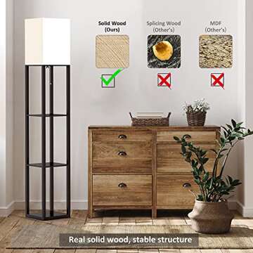 PESRAE Floor Lamp with Shelves by Solid Wood, Modern Shelf Floor Lamp with 3 Color Temperature, Linen Lampshade and Storage Shelves for Living Room, Bedroom, Bulb Included, Brown