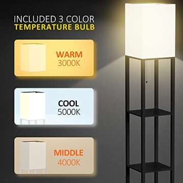 PESRAE Floor Lamp with Shelves by Solid Wood, Modern Shelf Floor Lamp with 3 Color Temperature, Linen Lampshade and Storage Shelves for Living Room, Bedroom, Bulb Included, Brown