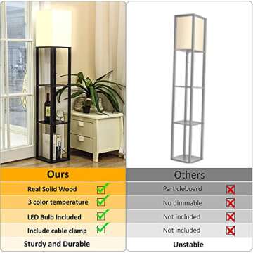 PESRAE Floor Lamp with Shelves by Solid Wood, Modern Shelf Floor Lamp with 3 Color Temperature, Linen Lampshade and Storage Shelves for Living Room, Bedroom, Bulb Included, Brown
